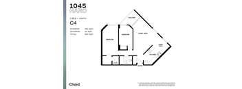A floor plan for a 2 bedroom, 1 bathroom apartment with a living area, dining area, kitchen, and storage.