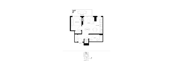 A black and white floor plan of a house with a living room, dining room, kitchen, and bathroom.