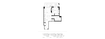 A black and white floor plan of a house with a bedroom, living room, kitchen, and bathroom.