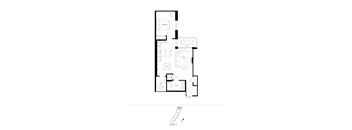 A black and white floor plan of a house with a kitchen, living room, and bathroom.