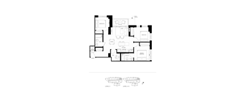 A black and white floor plan of a house with a living room, dining room, kitchen, and bathrooms.