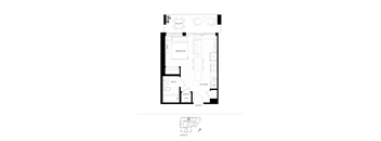 A floor plan of a small apartment with a bedroom, bathroom, kitchen, and living room.