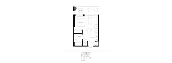 A black and white floor plan of a small apartment with a bedroom, bathroom, kitchen, and entryway.