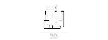A black and white floor plan of a house with a balcony, red room, living room, kitchen, dining room, bathroom, and entry.