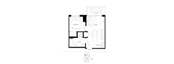 A floor plan of a small apartment with a bedroom, living room, kitchen, bathroom, and entry.