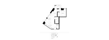 A black and white floor plan of a house with a balcony, dining room, kitchen, bathroom, and living room.