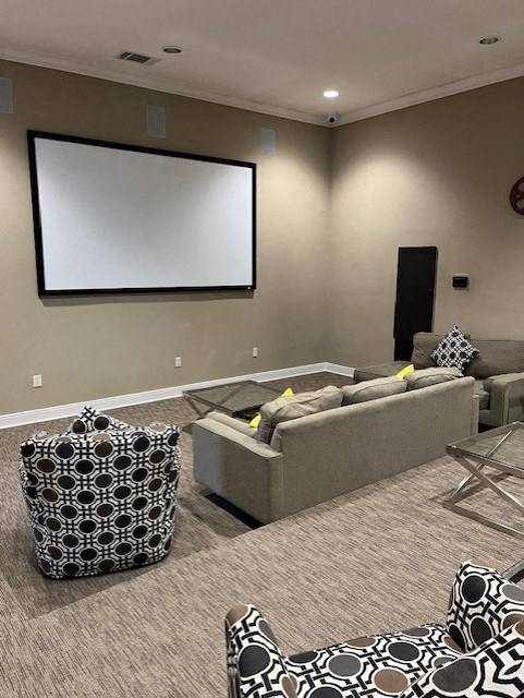 a living room with couches and a projector screen
