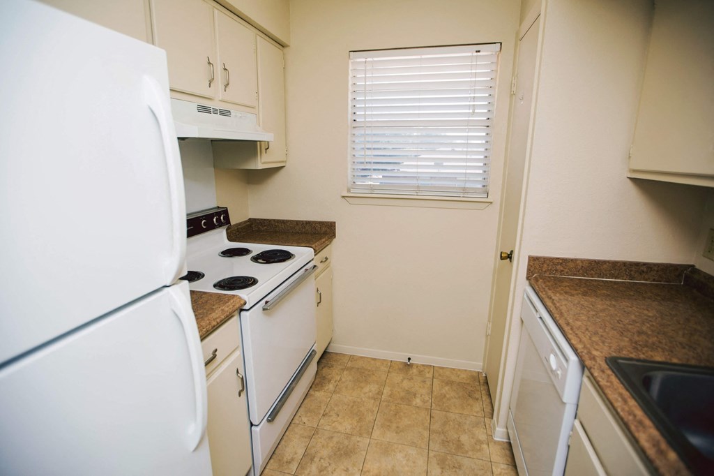 a kitchen with a stove refrigerator and a sink