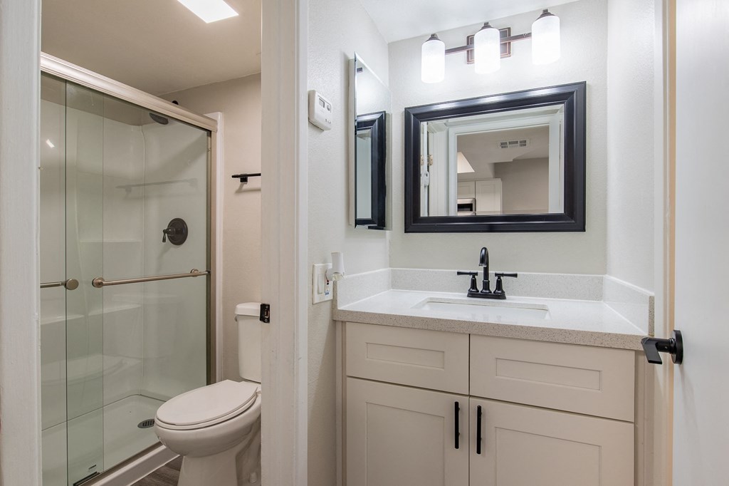 a bathroom with a sink toilet and shower