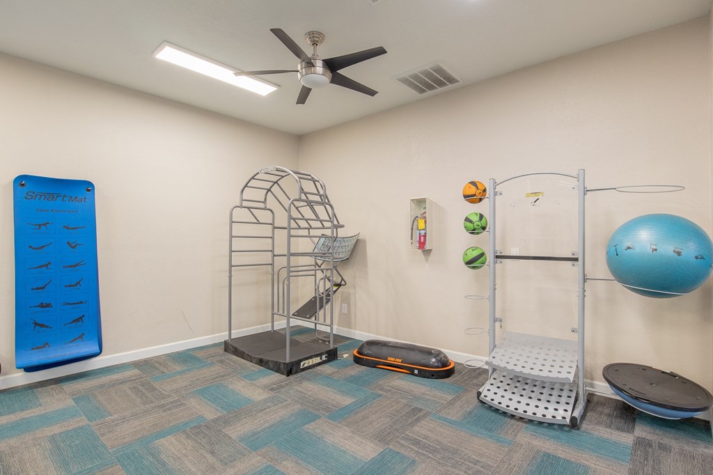 a workout room with a yoga ball and a ceiling fan