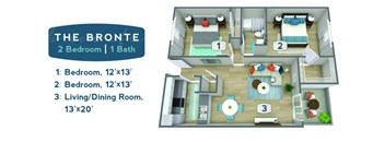 2 bed 1 bath floor plan at Sofia Apartments, Arizona, 85283