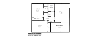 A floor plan of a clubhouse with a living room, two bedrooms, a kitchen and dining area, and two bathrooms.
