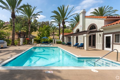 a swimming pool in front of a house with palm trees
