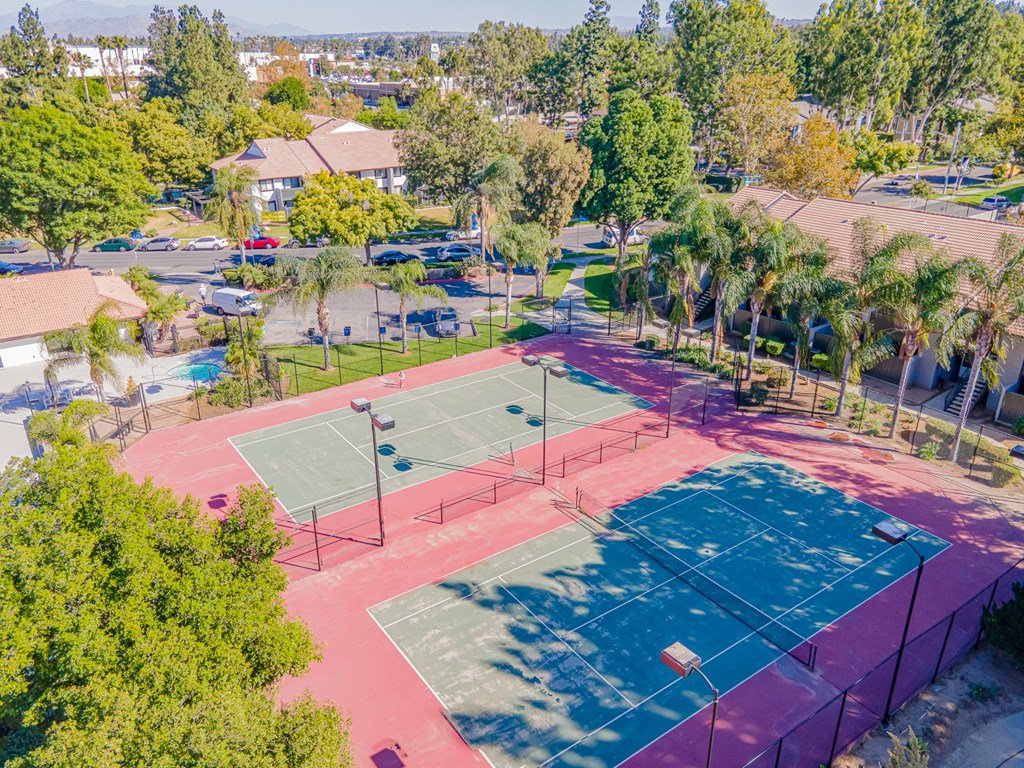 a tennis court at the resort with palm trees