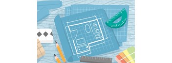 A blueprint with a pencil, ruler, and other stationery items.