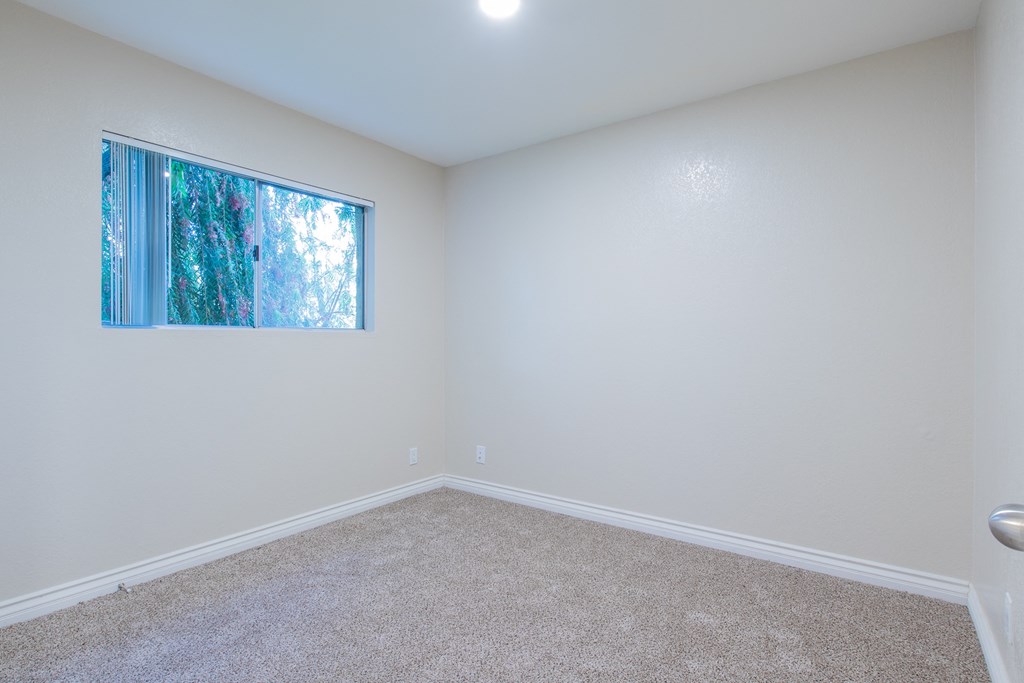 A room with a window and carpeted floor.
