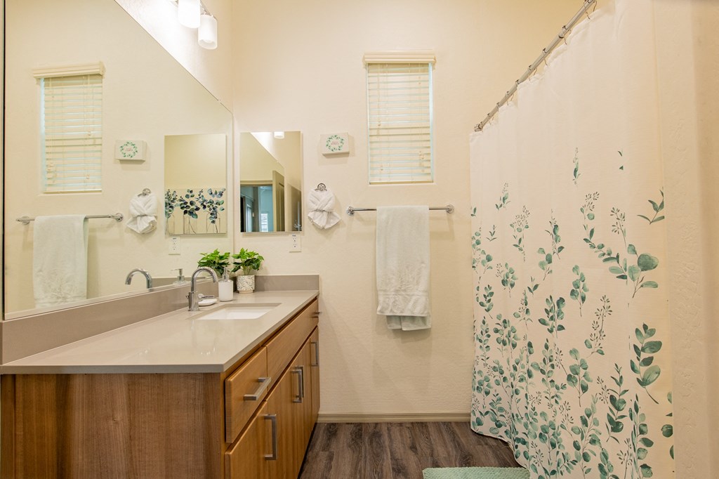 a bathroom with a shower and a sink and a mirror