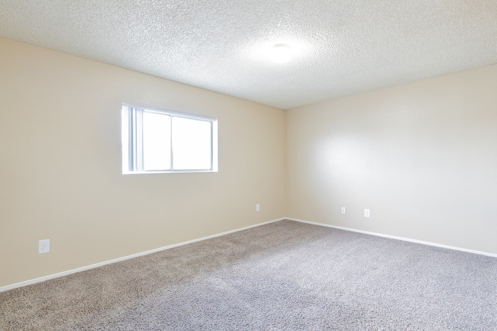 an empty room with carpet and a window