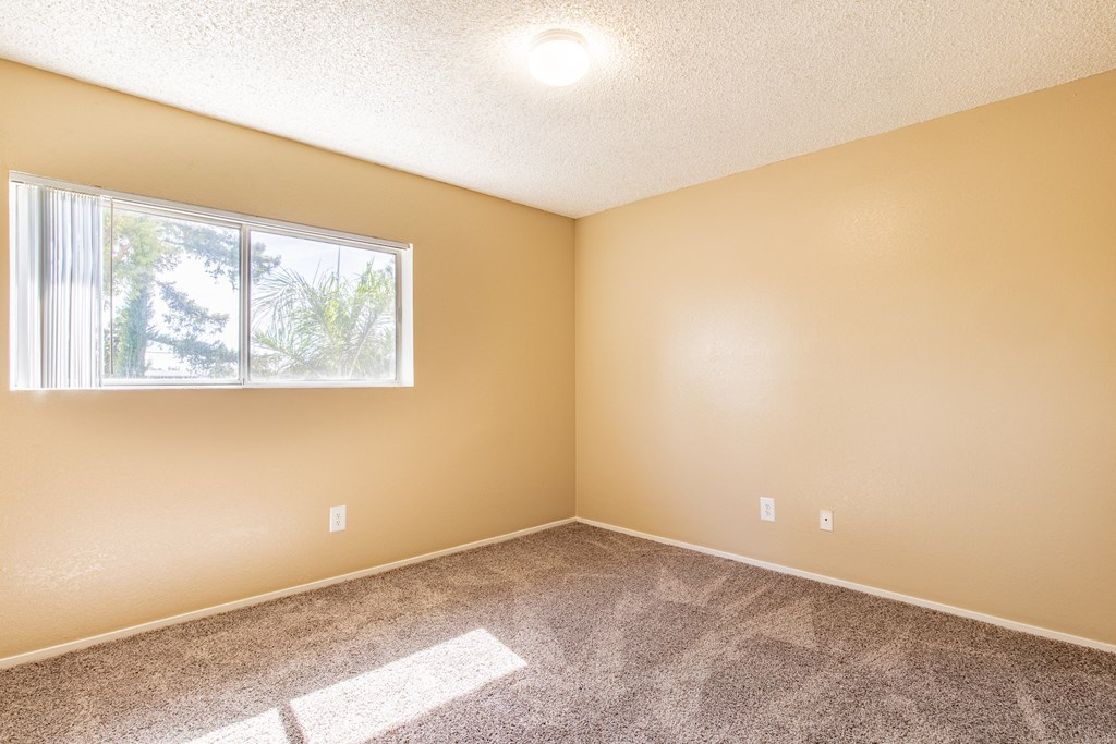 an empty room with carpet and a window
