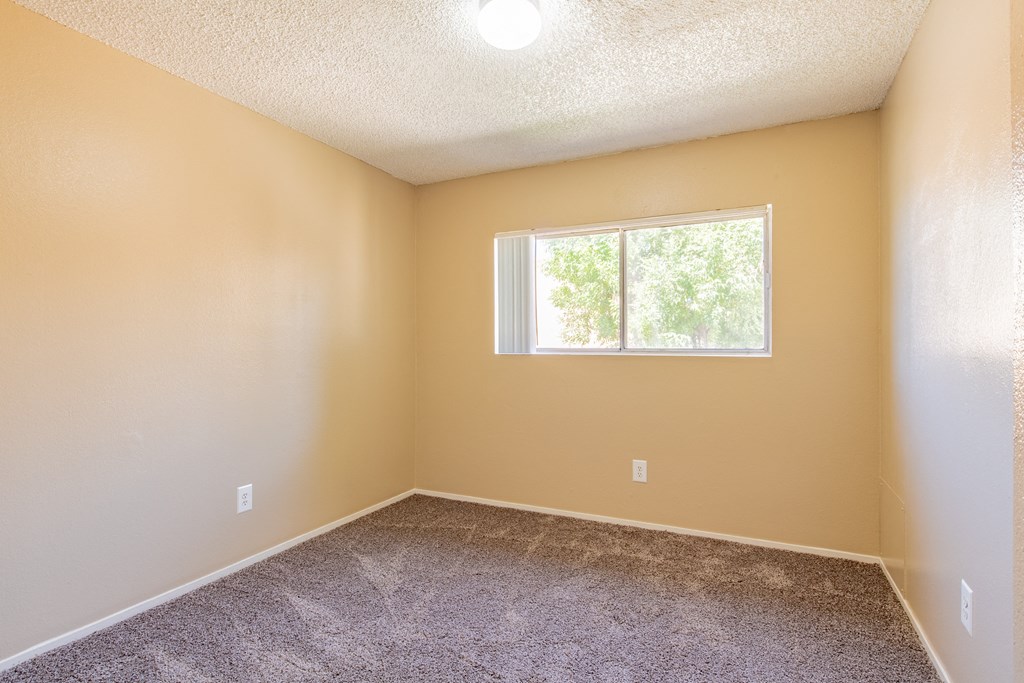 an empty room with carpet and a window