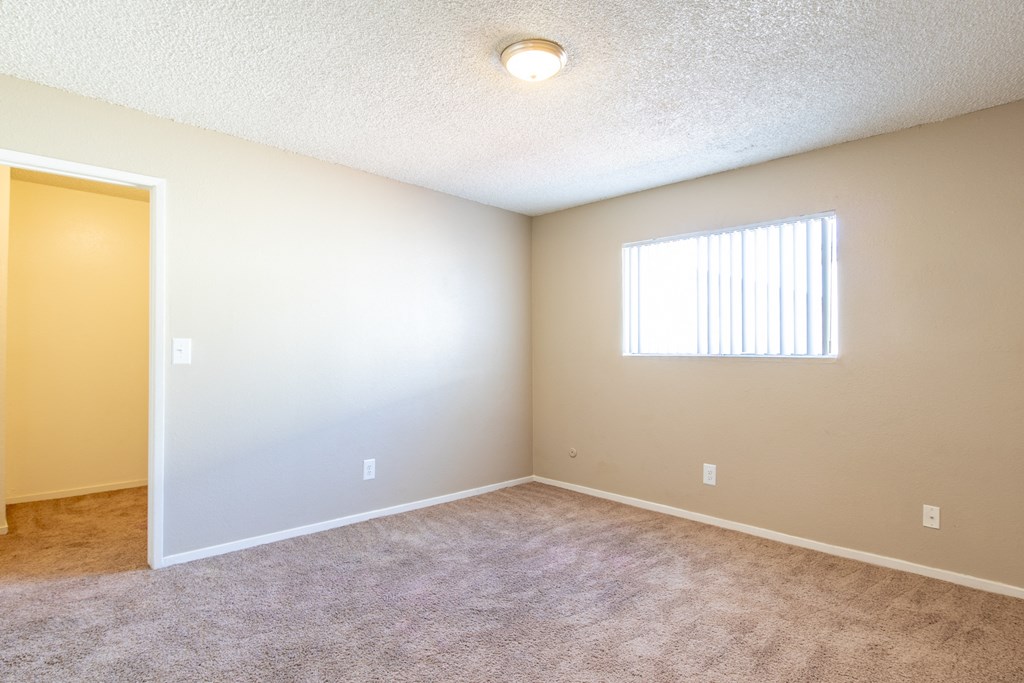 the spacious living room of an empty home with carpet and a window