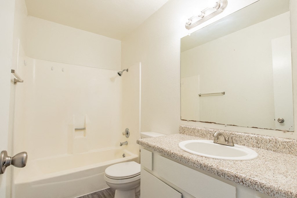 a bathroom with a sink toilet and shower and a mirror
