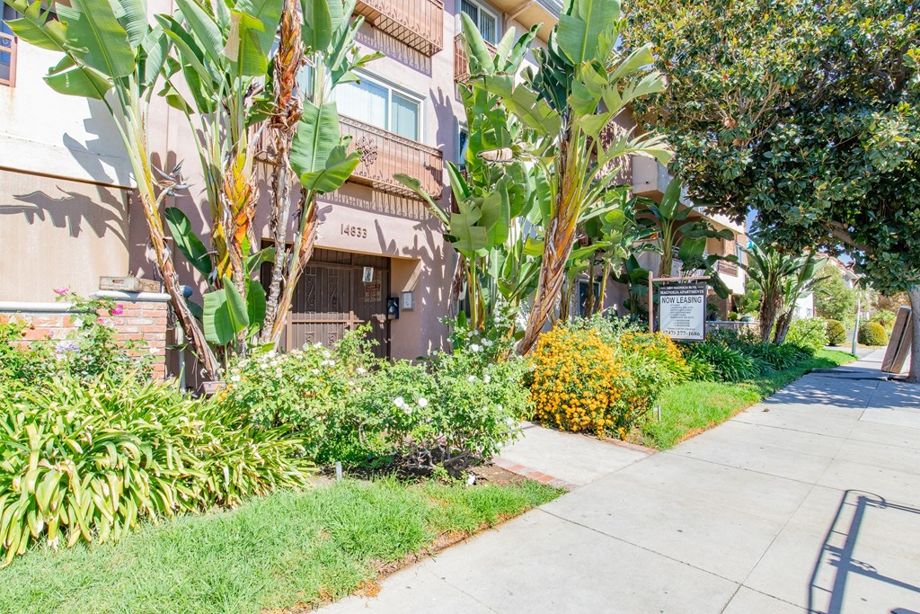 a sidewalk in front of a building with plants and trees