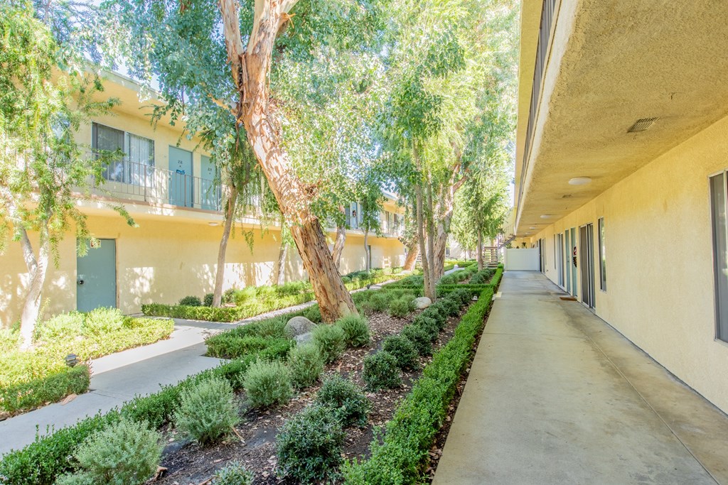 a long corridor with trees and bushes next to a building