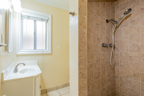 a bathroom with a shower and a sink and a window