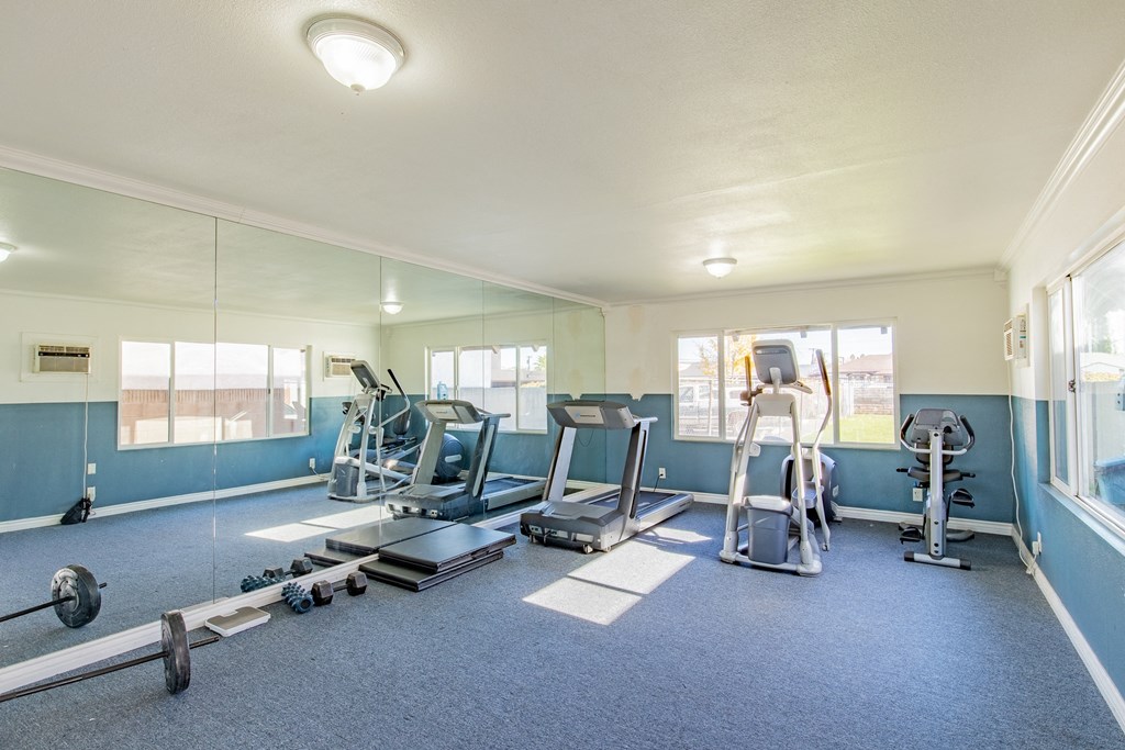 the gym has plenty of exercise equipment and mirrors