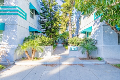 A white building with a green awning and a tree in front of it.