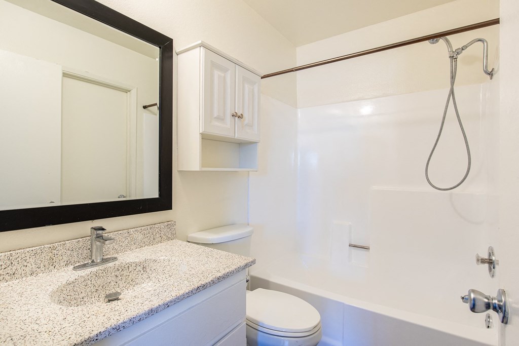 a bathroom with a shower sink and toilet and a mirror
