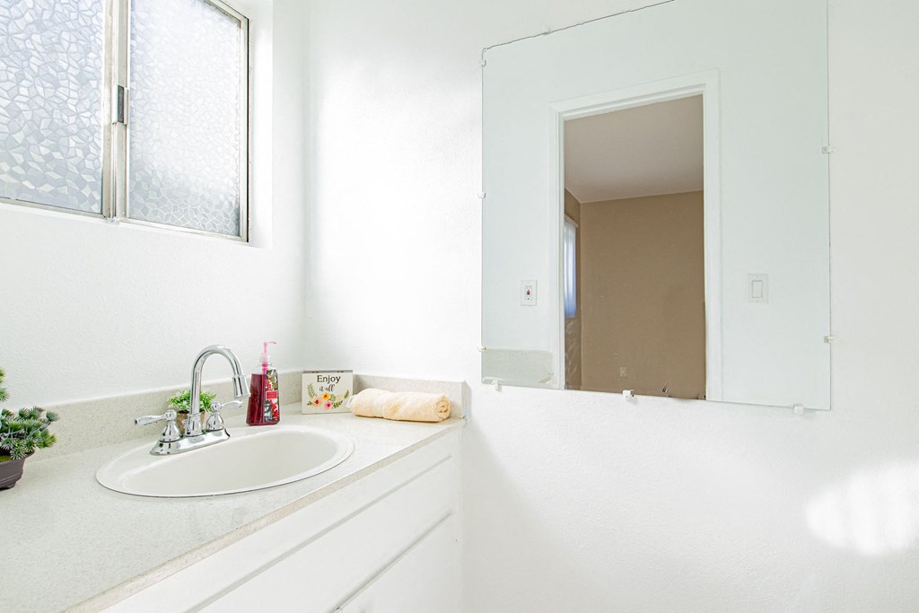 a bathroom with a sink and a mirror