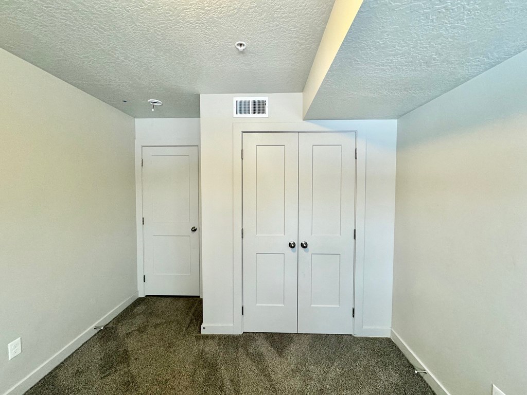 an empty bedroom with white closets and carpeted floors