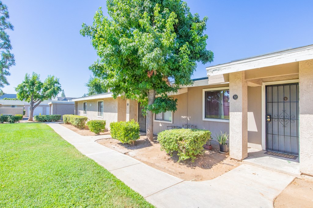 a house with a tree and a sidewalk in front of it