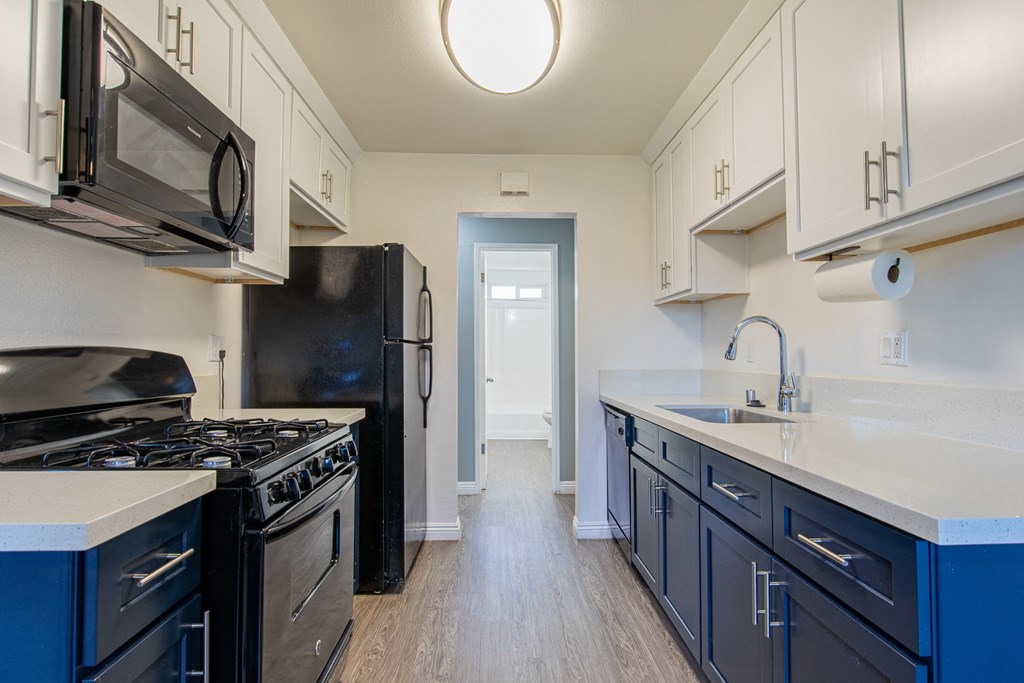 A kitchen with black appliances and blue cabinets.