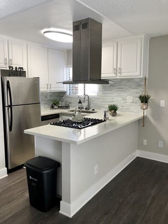a kitchen with a large island and stainless steel appliances