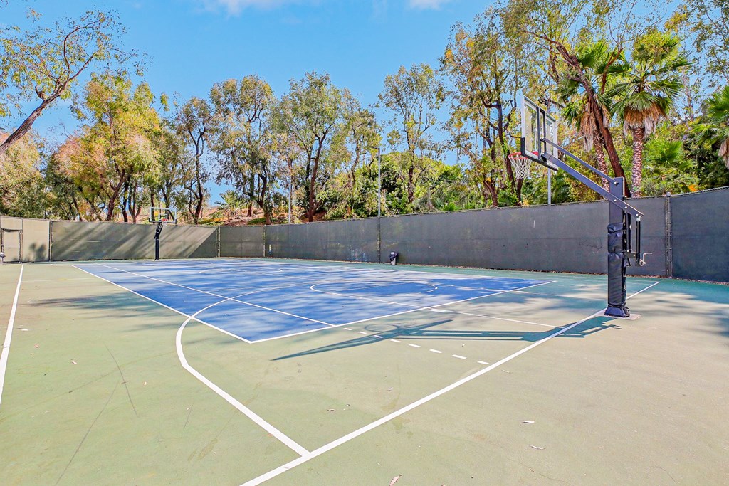 the basketball court is equipped with a basketball hoop and a net