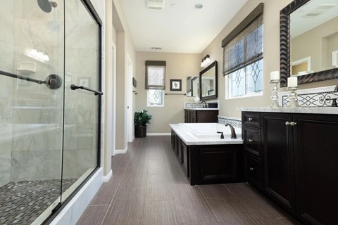 a bathroom with a shower and a sink and a bath tub