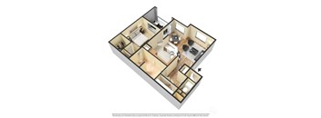 A 3D floor plan of a house with a kitchen, living room, and bedrooms.