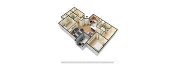 A 3D rendered image of a house layout.