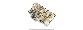 A 3D floor plan of a house with multiple rooms.