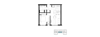 A floor plan of a house with a living room, dining room, kitchen, and bathroom.