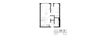 A floor plan of a house with a kitchen, living room, and bathroom.