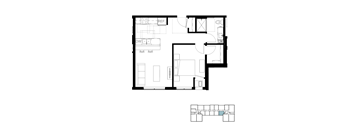 A floor plan of a house with a kitchen, living room, and bathroom.