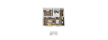 A top down view of a small apartment with a kitchen, living room and bathroom.