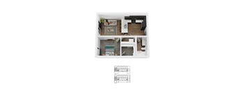 A floor plan of a small apartment with a kitchen, living room, and bathroom.