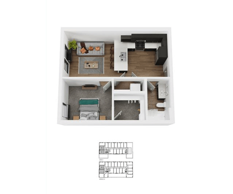 A floor plan of a small apartment with a kitchen, living room, and bathroom.