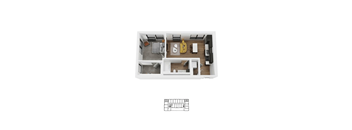 A floor plan of a small apartment with a kitchen, living room, and bathroom.