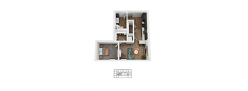 A top down view of a small apartment with a kitchen, living room, and bathroom.